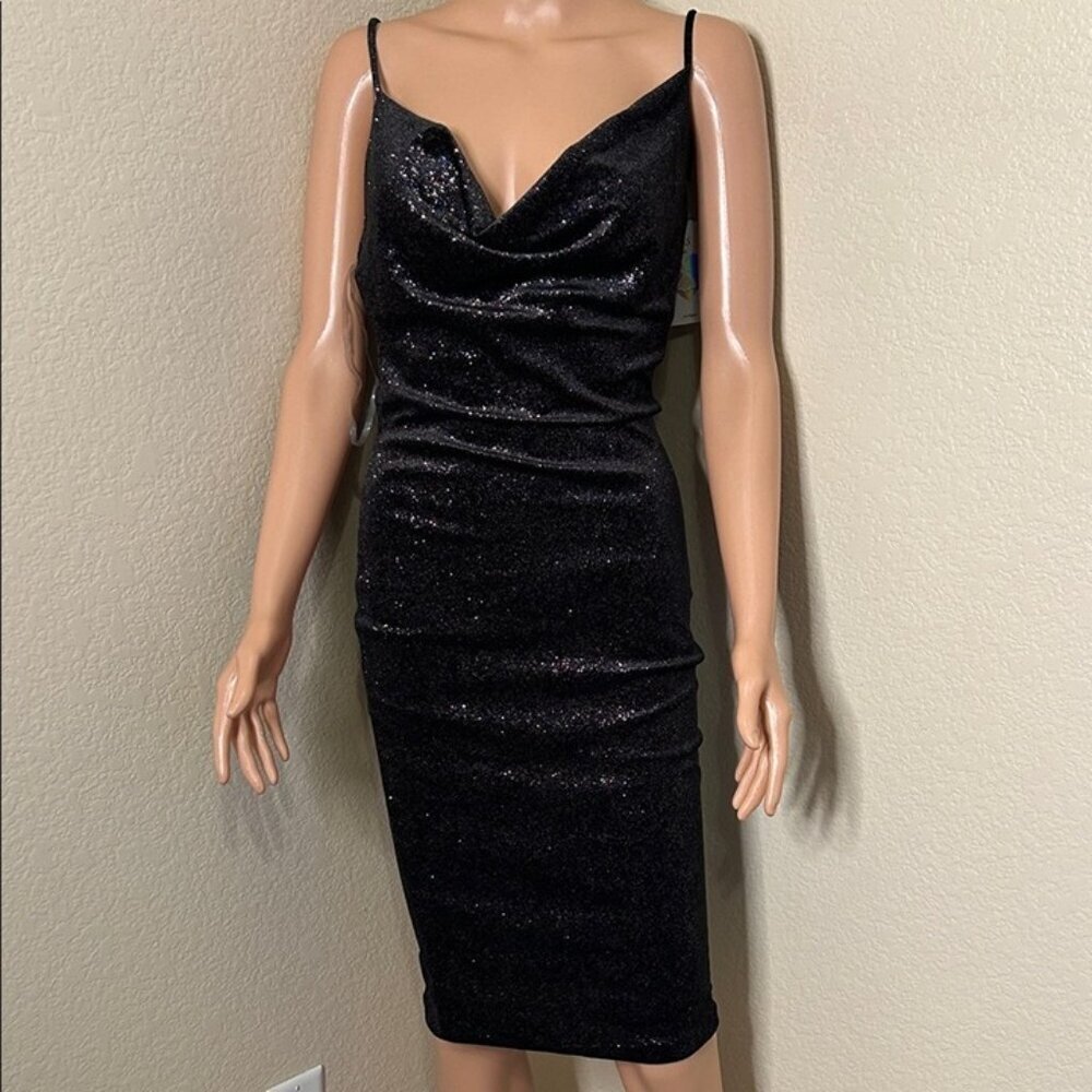 NEW Iris Elegant Black Glitter Dress knee length cowl neck spaghetti strap SZ M - Picture 7 of 11